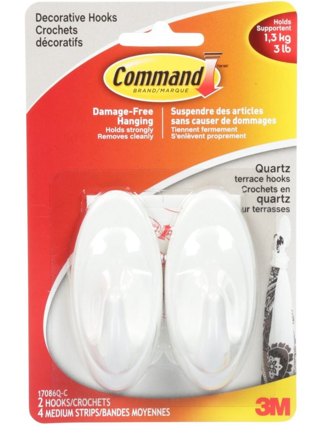 Decorative Quartz Terrace Hooks with Adhesive Strips, White, 3-lbs, 2 Strips per Pack V0H1 - product image 1