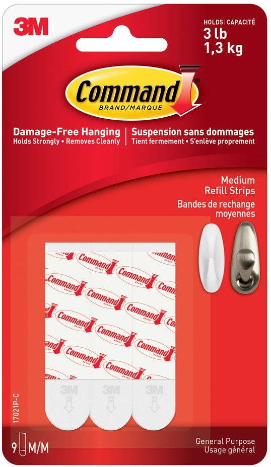 Medium General Purpose Refill Strips for Adhesive Hooks, White, 3-lbs, 9 Strips per Pack J9T1 - product image 1