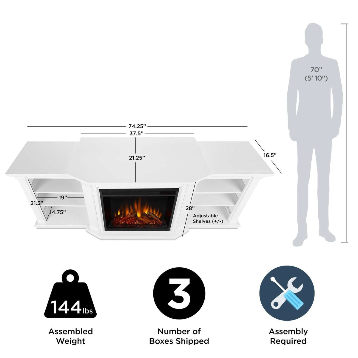 Flame Valmont Media Indoor Electric Fireplace TV Stand, 74-in, 1500W, Includes Remote Control & Firebox, White A0R0 - product image 6