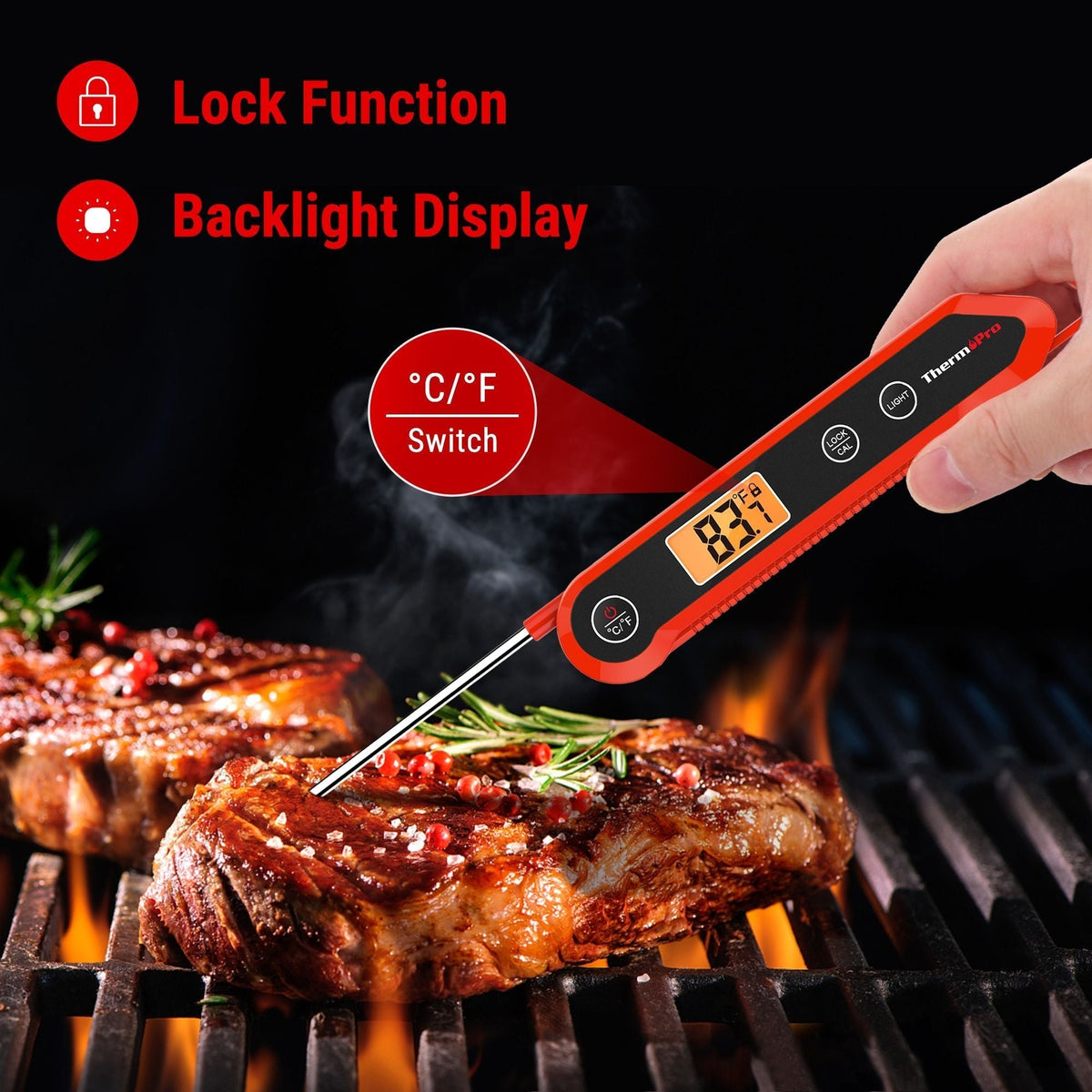 Waterproof Digital Instant-Read Folding Meat Thermometer with Swivel Probe, Black/Red V6Y6 - product image 1