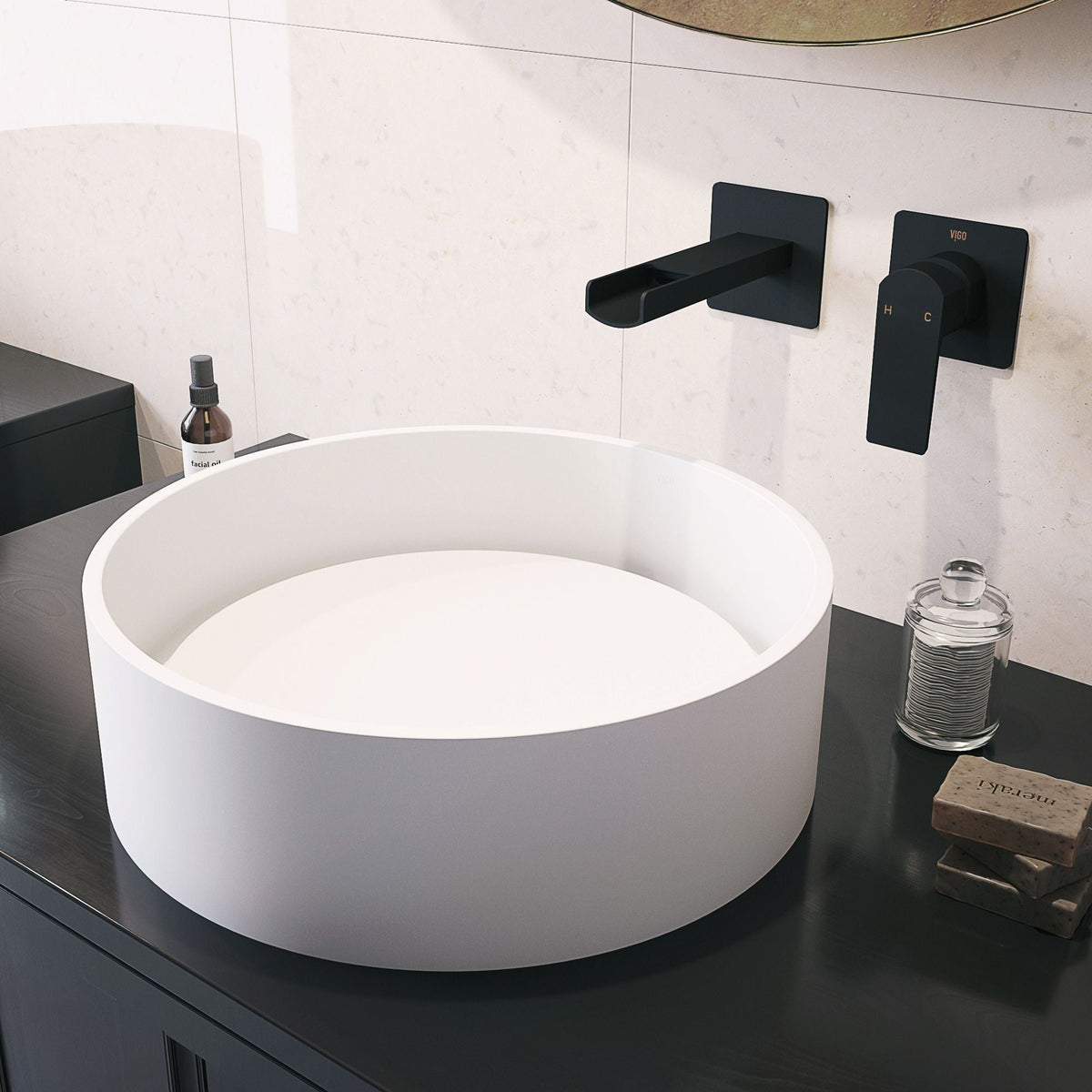 Anvil Matte Stone Round Composite Vessel Bathroom Sink/Basin with Deep Bowl, White L7O2 - product image 5