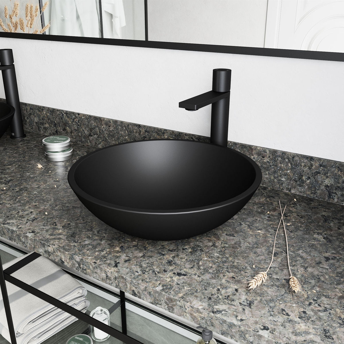 Cavalli MatteShell Matte Black Bathroom Sink/Basin Set with Gotham Faucet and Round Glass Vessel Y9W2 - product image 8