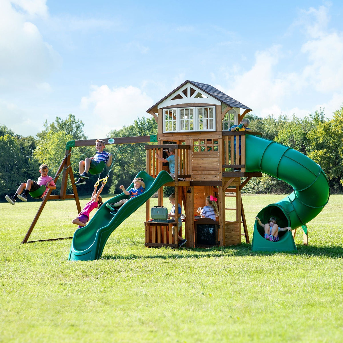 Discovery Kids' Bristol Point Cedar Wood Swing Set with Swing Beam, Upper & Lower Fort, Rock Wall & Slide Play for up to 11 Kids J0Z8 - product image 1