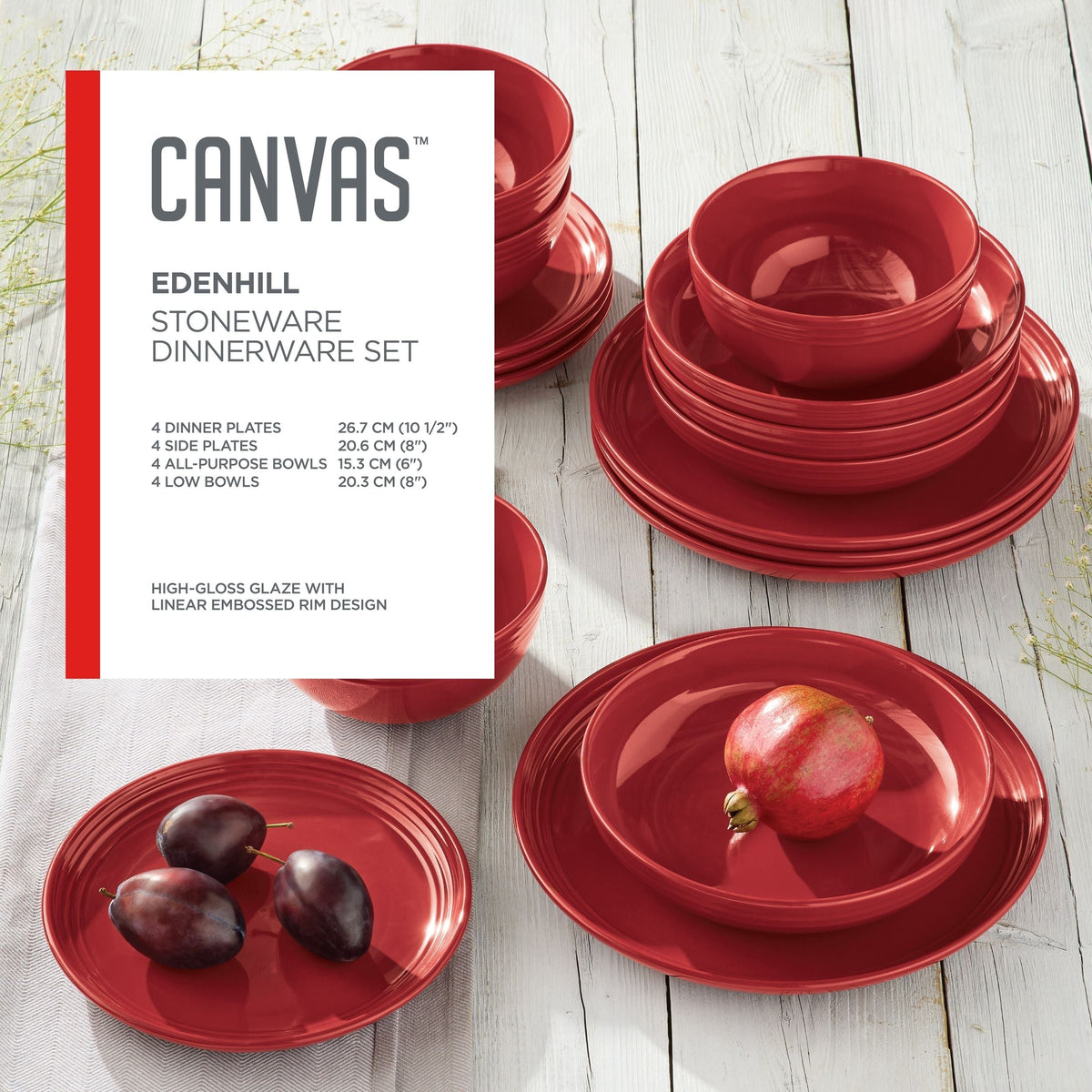 Edenhill Farmhouse Bistro Stoneware Dinnerware Set, Serves 4, 16-pc, Red D1A5 - product image 4