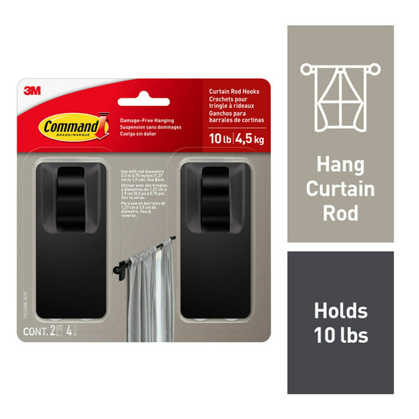 2-Piece 10-lb Matte Black Damage Free Curtain Rod Hooks X2S4