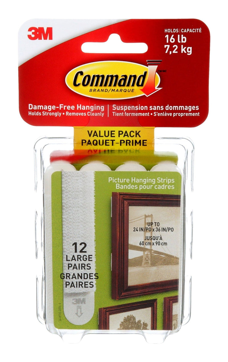 Large Adhesive Picture Hanging Strips Value Pack, White, 16-lbs, 12 Strips per Pack R4A0