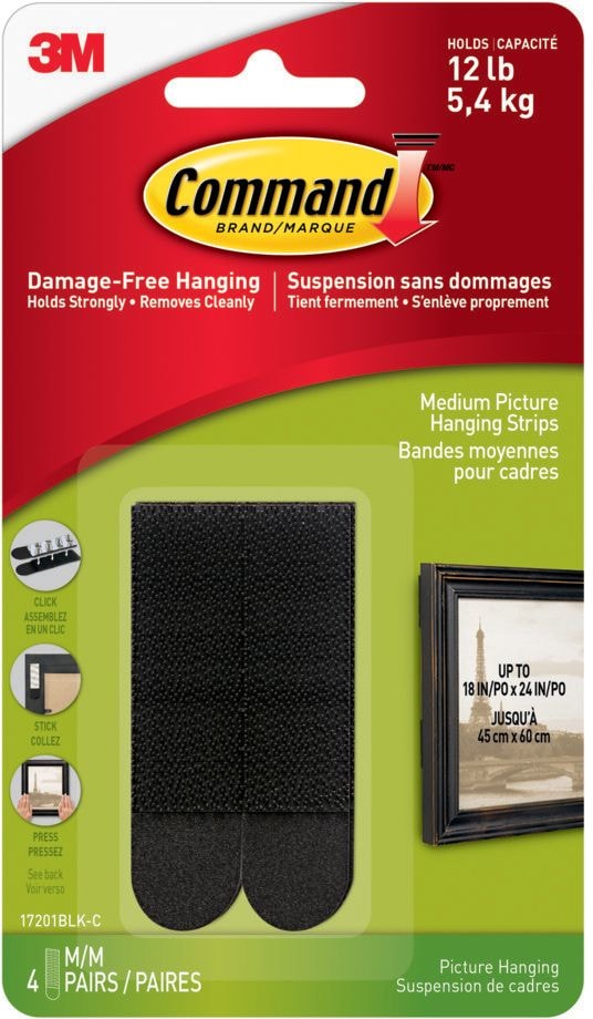 Medium Adhesive Picture Hanging Strips, Black, 12-lbs, 4 Strips Per Pack N4D1