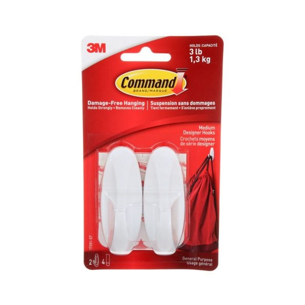 Medium Designer Hooks with Adhesive Strips, White, 3-lbs, 2 Strips per Pack A2E7