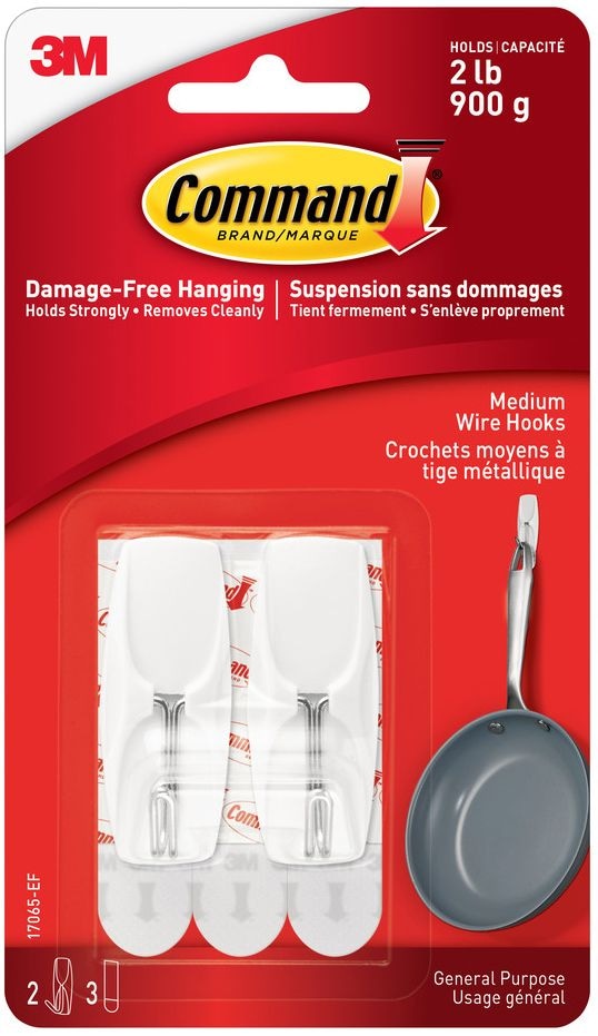 Medium Wire Toggle Hooks with Adhesive Strips, White, 2-lbs, 2 Strips per Pack N5F4