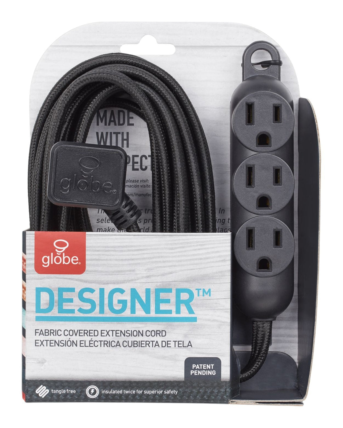 12-ft 16/3 Fabric Extension Cord, Right Angle Plug, 3 Outlets, Black T0A0 - product image 1
