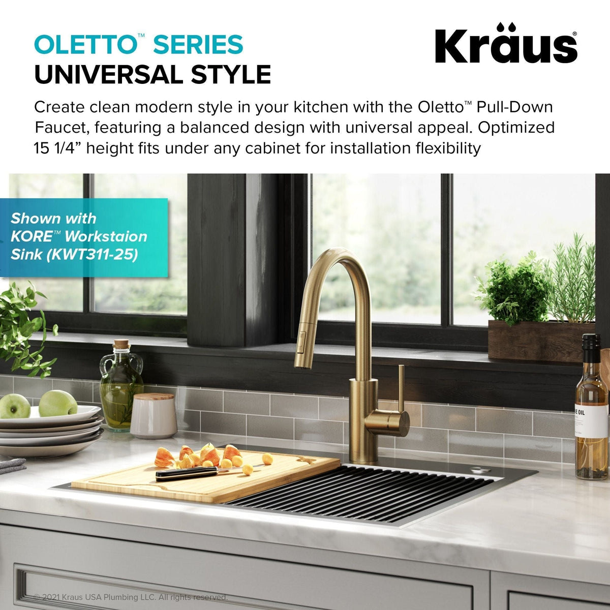 Oletto Pull-Down Single Handle Kitchen Faucet with QuickDock Top Mount Installation Assembly, Spot Free Antique Champagne Bronze E0E1 - product image 4