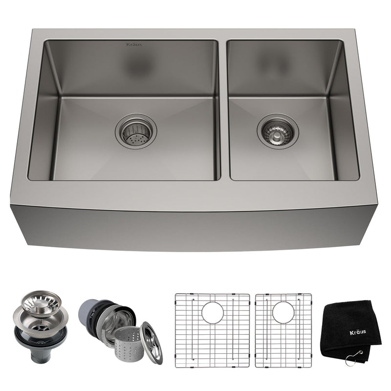 Standard PRO Apron Front Farmhouse Stainless Steel Double Bowl Kitchen Sink, 33x21x10-in J0X4