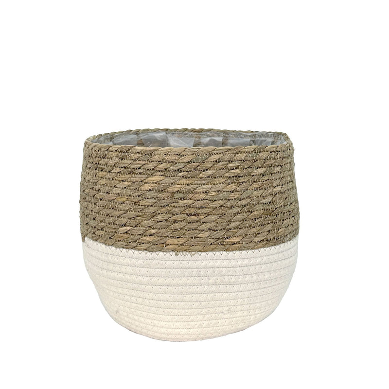 Weave Cotton Jute Round Basket Planter with Leaf-Proof Plastic Lining, 8-in S7O3