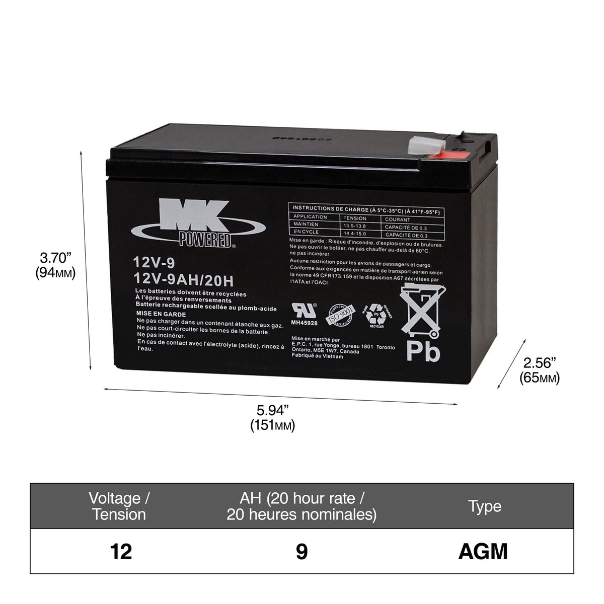 Battery 12-Volt 9 Ah SLA Battery, F2 Terminal E9Q4 - product image 1