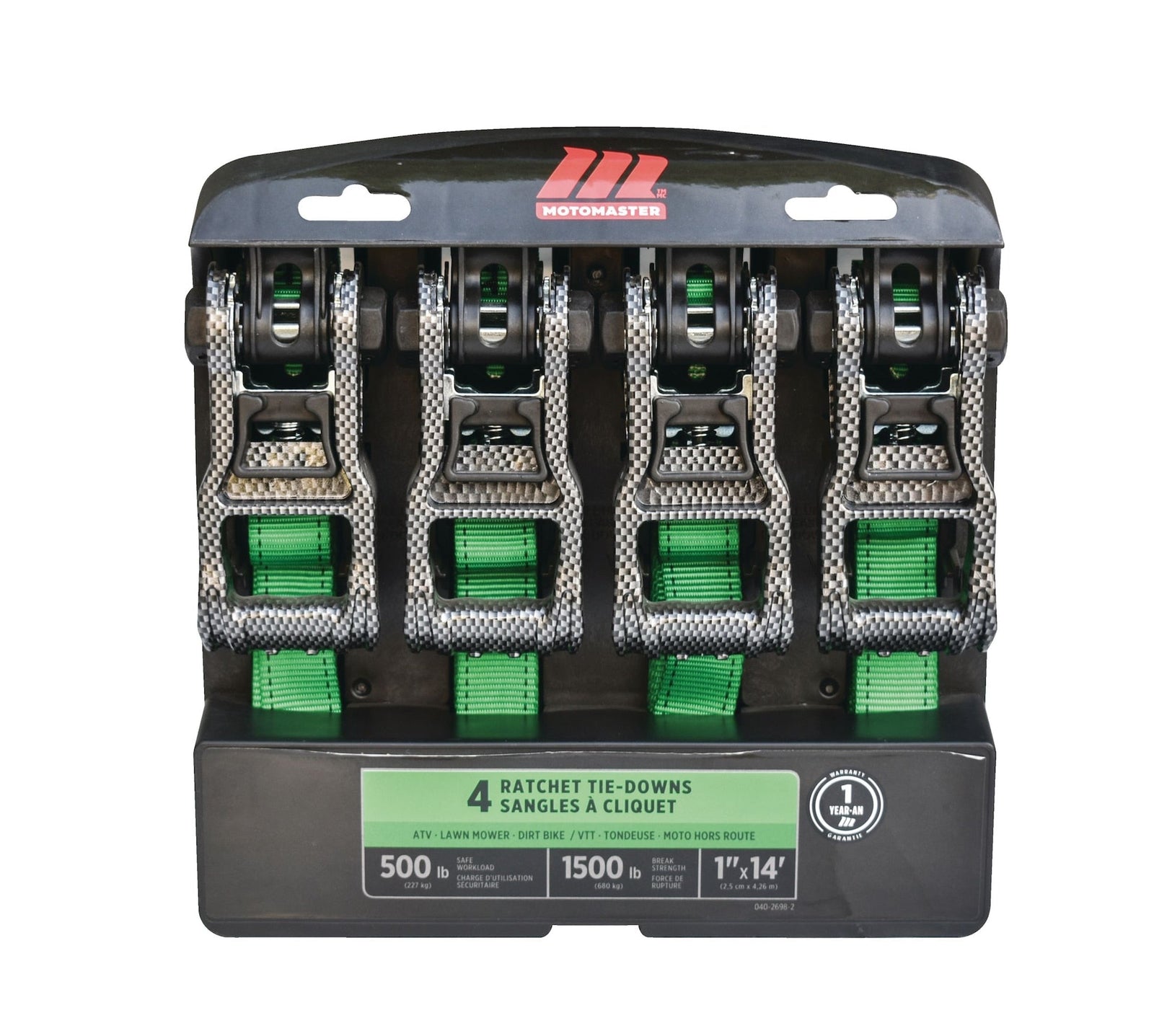 1,500-lb Carbon Ratchet Tie Downs, Weatherproof, 1-in x 14-ft, 4-pk, Green B6I3 - product image 1