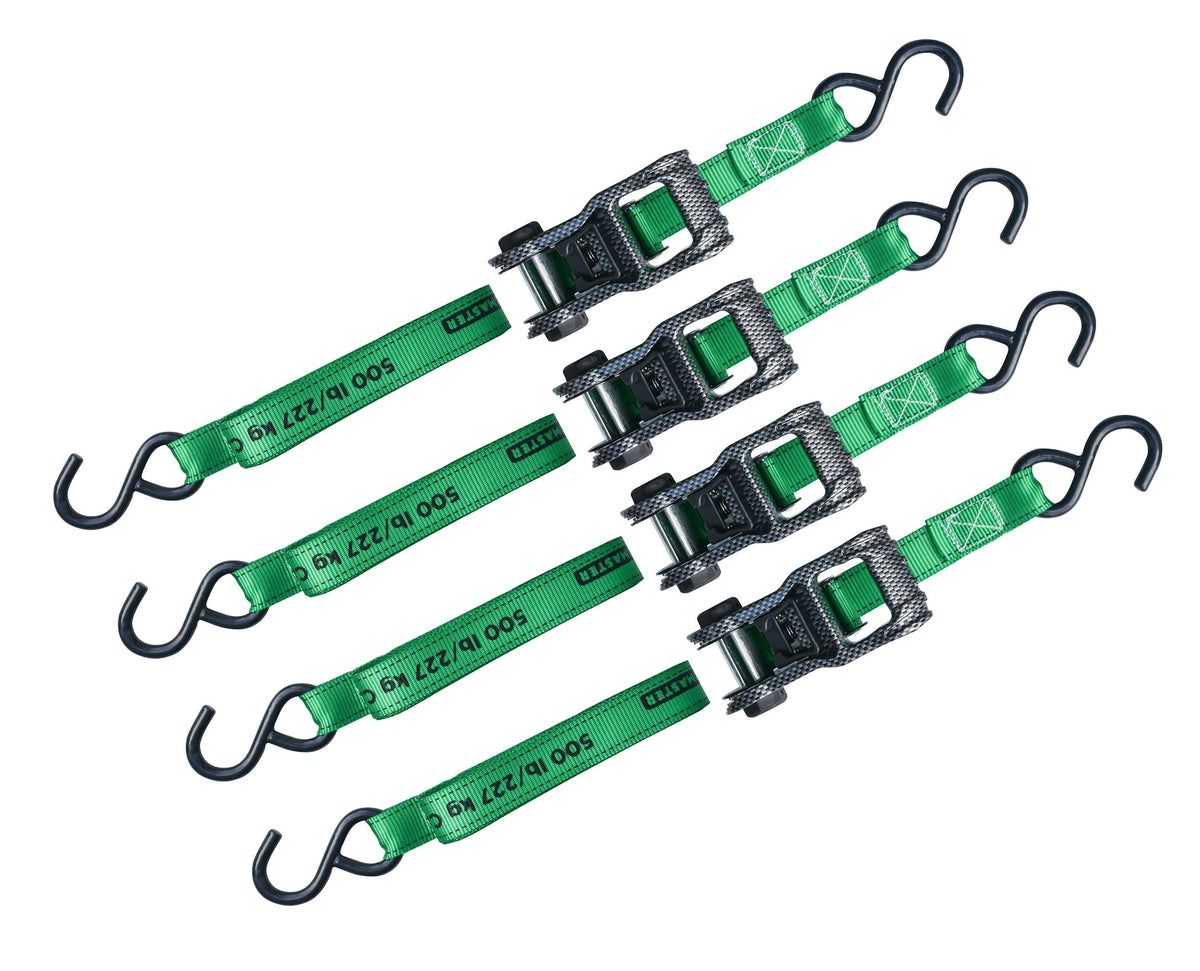1,500-lb Carbon Ratchet Tie Downs, Weatherproof, 1-in x 14-ft, 4-pk, Green B6I3 - product image 2