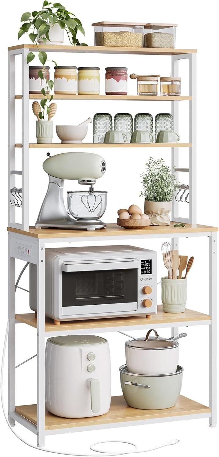 Home Oak/White Baker's Rack with 4 AC Outlets V3H5 - product image 1