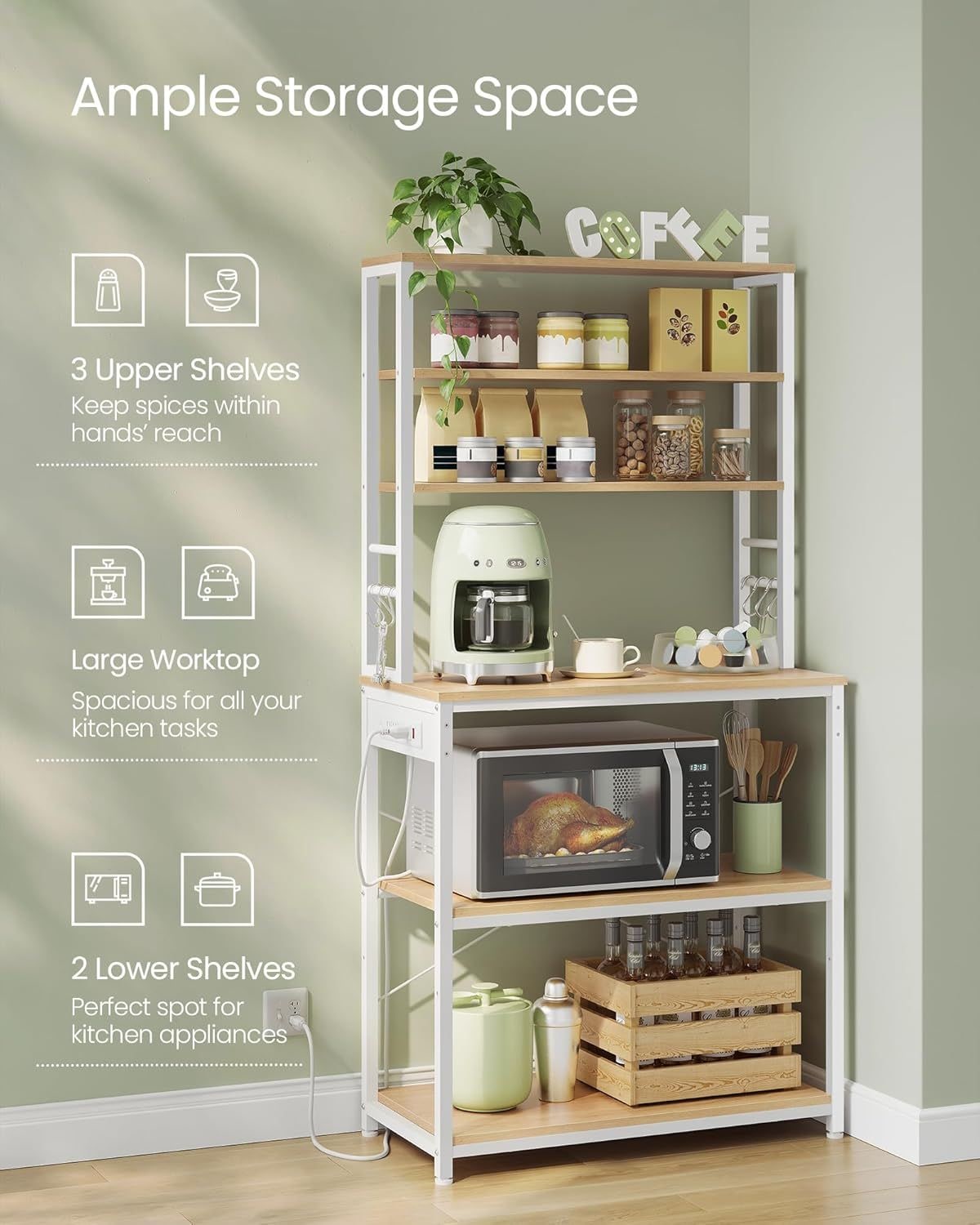 Home Oak/White Baker's Rack with 4 AC Outlets V3H5 - product image 5