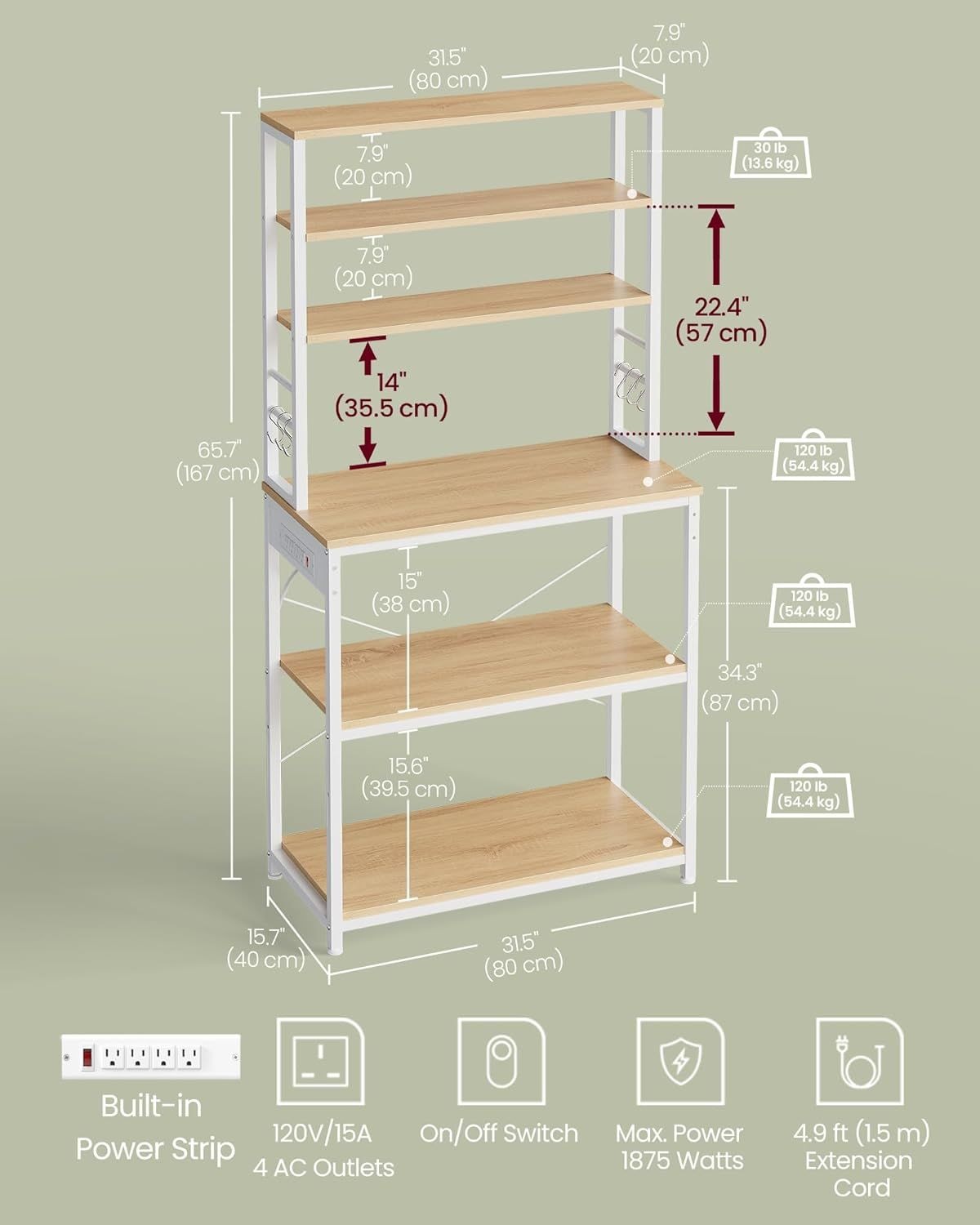 Home Oak/White Baker's Rack with 4 AC Outlets V3H5 - product image 8