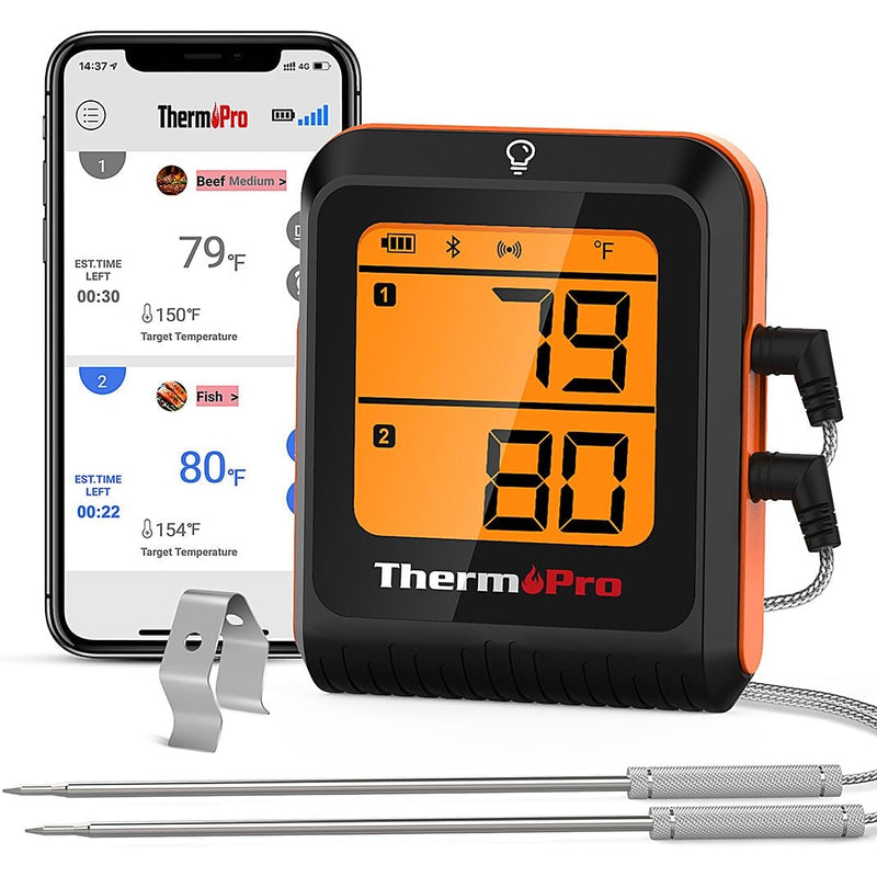 2-Probe Digital-Read Bluetooth Wireless Food & Meat Cooking Thermometer with Backlight Display & Rechargeable Battery W7K1