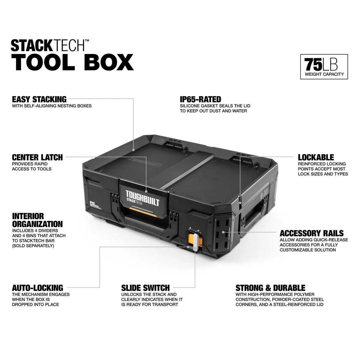 StackTech Top Portable Modular Plastic/Metal Tool Box with 4 Dividers and 4 Bins, IP65-Rated, Black D1O1 - product image 2
