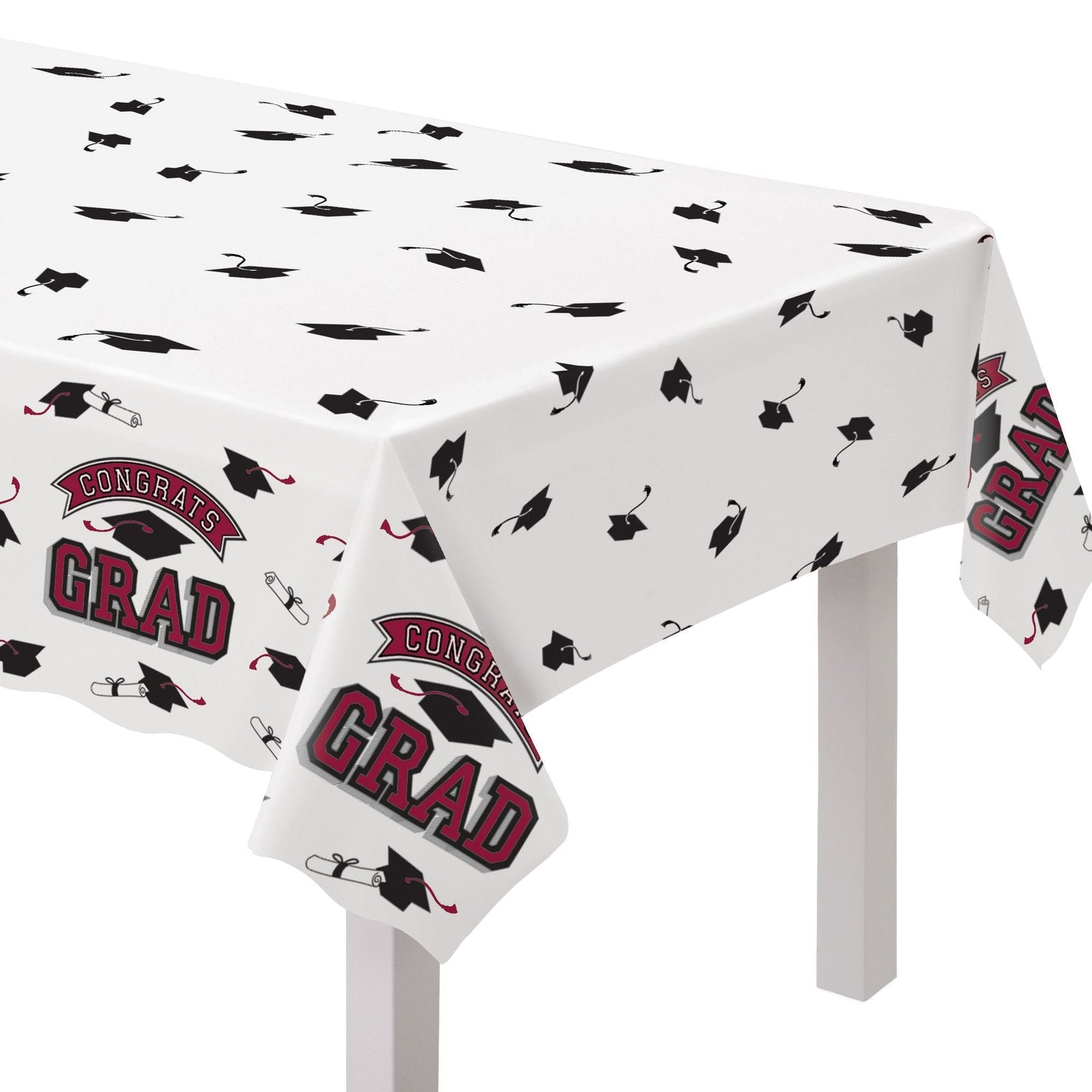 "Congrats Grad" Rectangle Plastic Reusable Table Cover, Maroon, 54x84-in, for Graduation I1X1 - product image 1