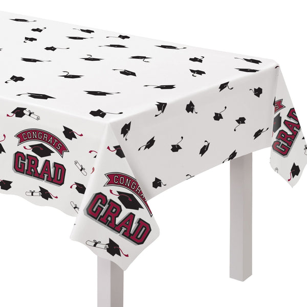 "Congrats Grad" Rectangle Plastic Reusable Table Cover, Maroon, 54x84-in, for Graduation I1X1