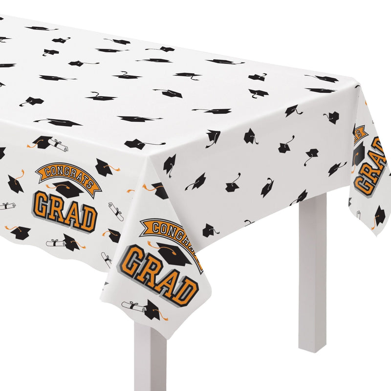 "Congrats Grad" Rectangle Plastic Reusable Table Cover, Orange, 54x84-in, for Graduation M6W5