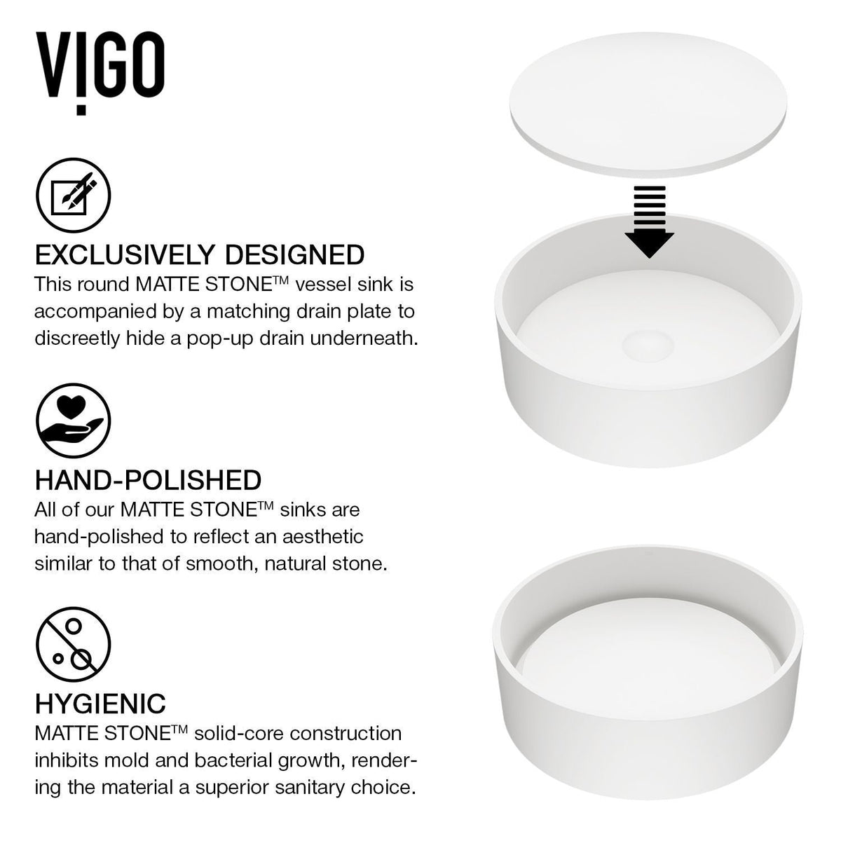 Anvil Matte Stone Round Composite Vessel Bathroom Sink/Basin with Deep Bowl, White L7O2 - product image 3