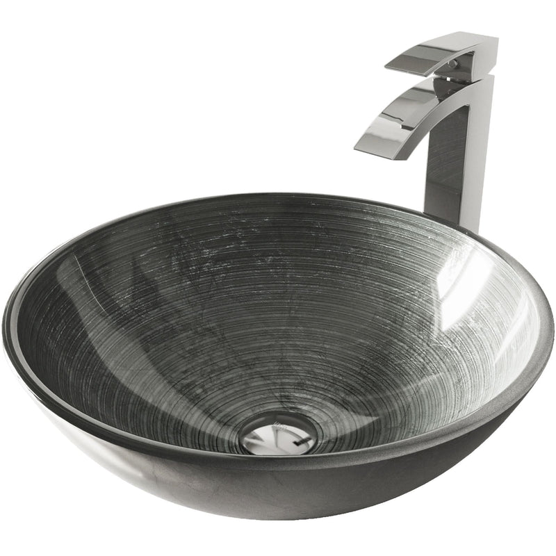 Glass Simply Silver Bathroom Sink/Basin Set with Chrome Duris Faucet and Round Vessel C0Q2