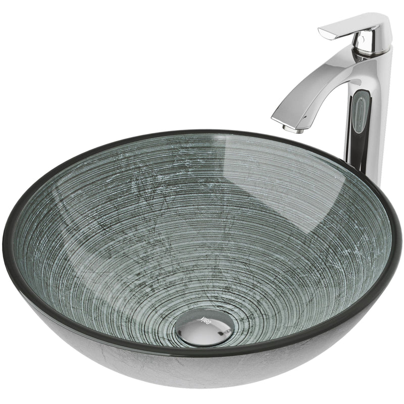 Glass Simply Silver Bathroom Sink/Basin Set with Linus Faucet and Round Vessel Z3H9