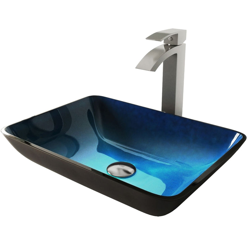 Glass Turquoise Water Bathroom Sink/Basin Set with Duris Faucet and Rectangular Vessel V9C0