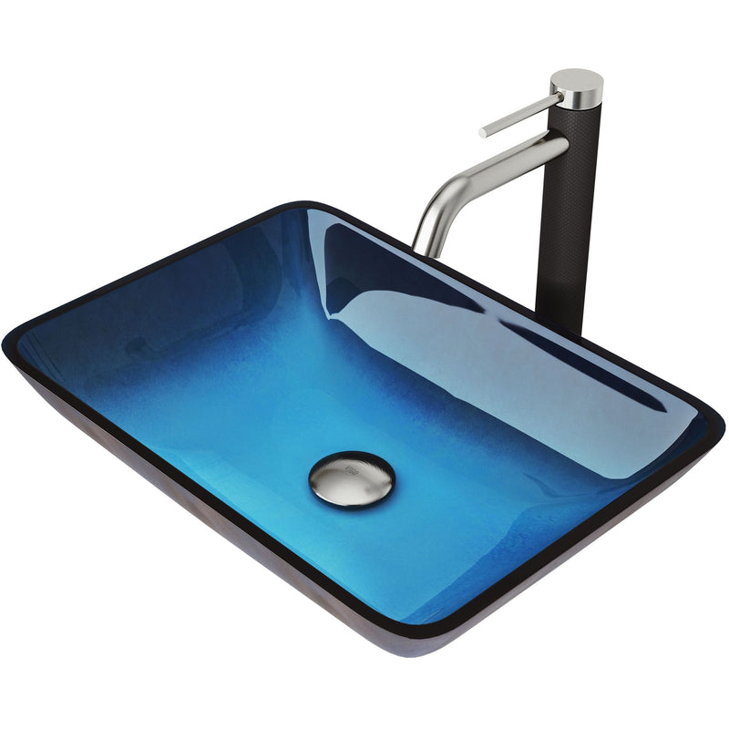 Glass Turquoise Water Bathroom Sink/Basin Set with Lexington Faucet and Rectangular Vessel T6A6