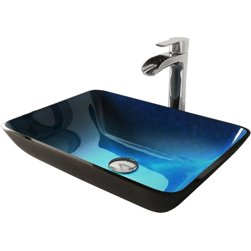 Glass Turquoise Water Bathroom Sink/Basin Set with Niko Faucet and Rectangular Vessel H8Z7