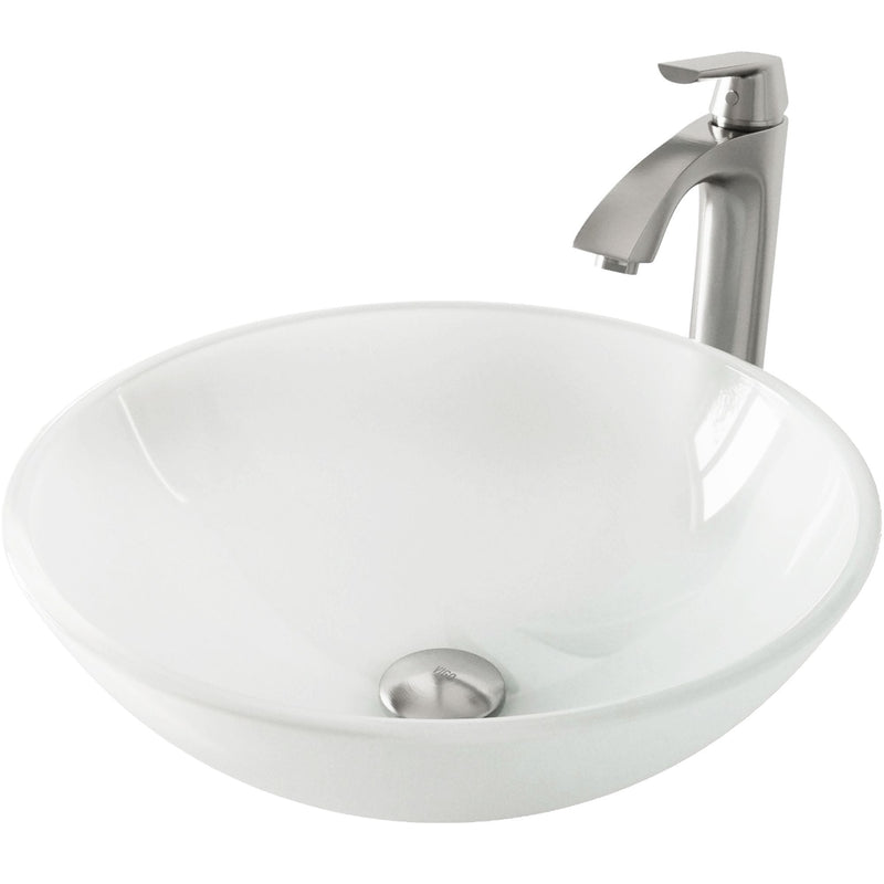 White Frost White Bathroom Sink/Basin Set with Linus Faucet and Round Glass Vessel J8S8